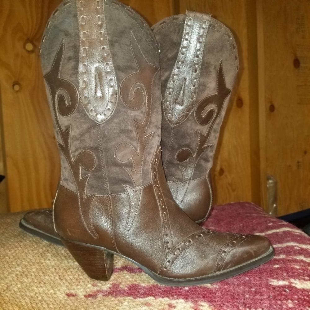 Bass Palamino Suede Leather Embroidered Cowboy Boots Brown Sz 8